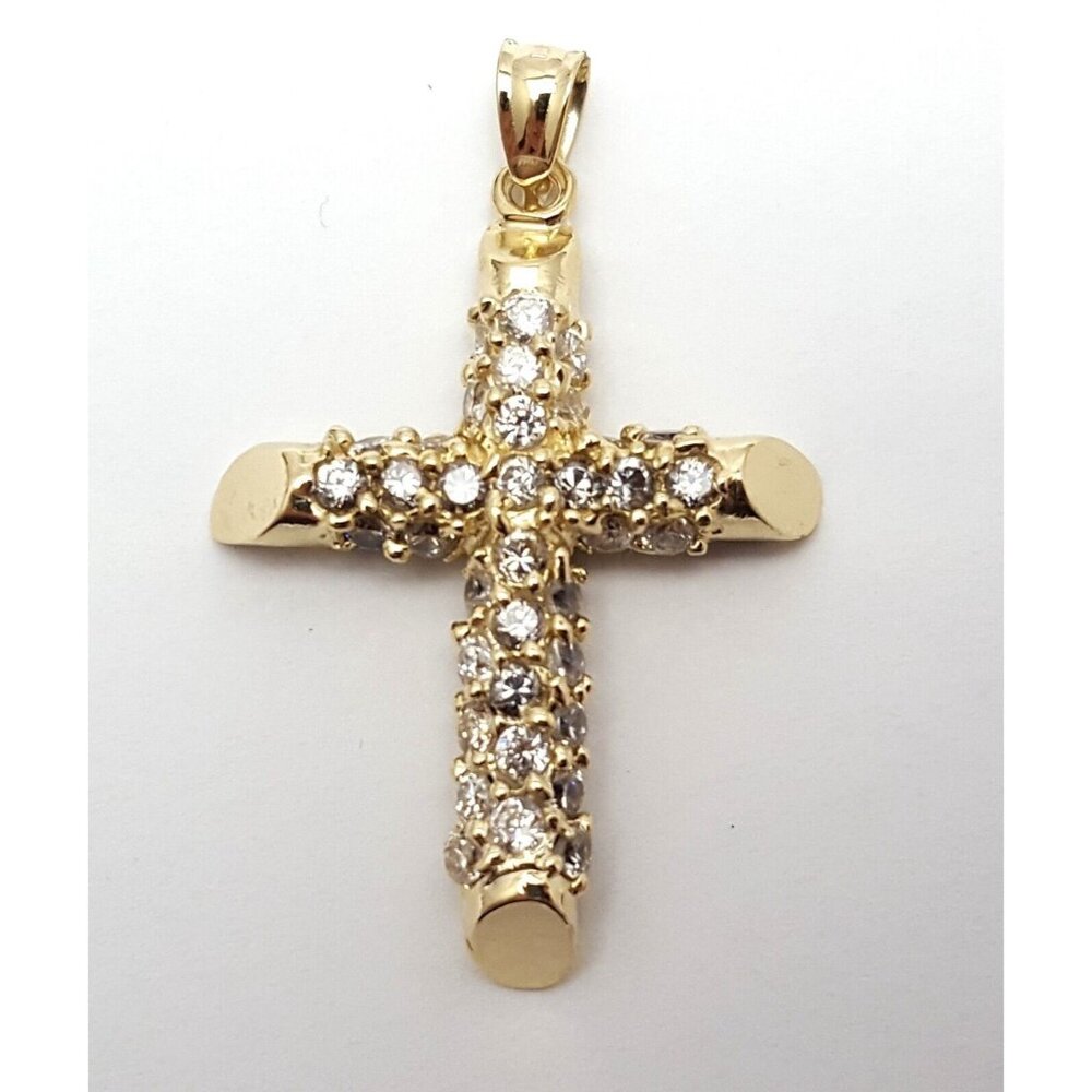 14K Solid Yellow Gold Designer Religious Cubic Zirconia Cross Charm Pendant